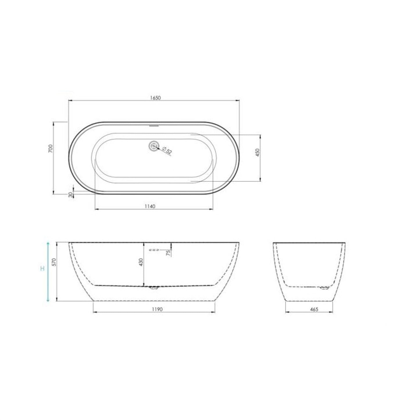 Scudo Form 1650mm x 700mm Freestanding Bath - White