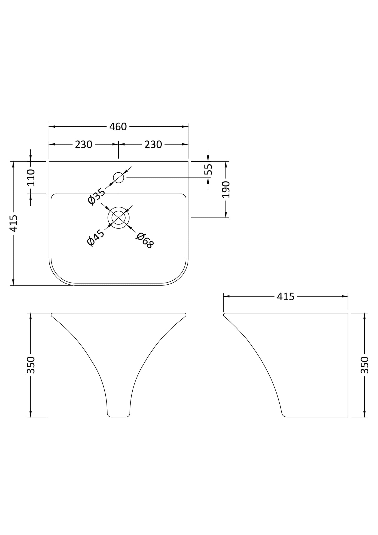 Hudson Reed Grace 460mm Wall Hung Basin - 1 Tap Hole
