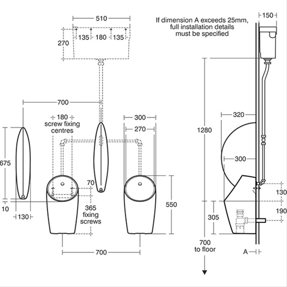 Armitage Shanks Sphero Midi urinal pack with concealed trap and open shroud