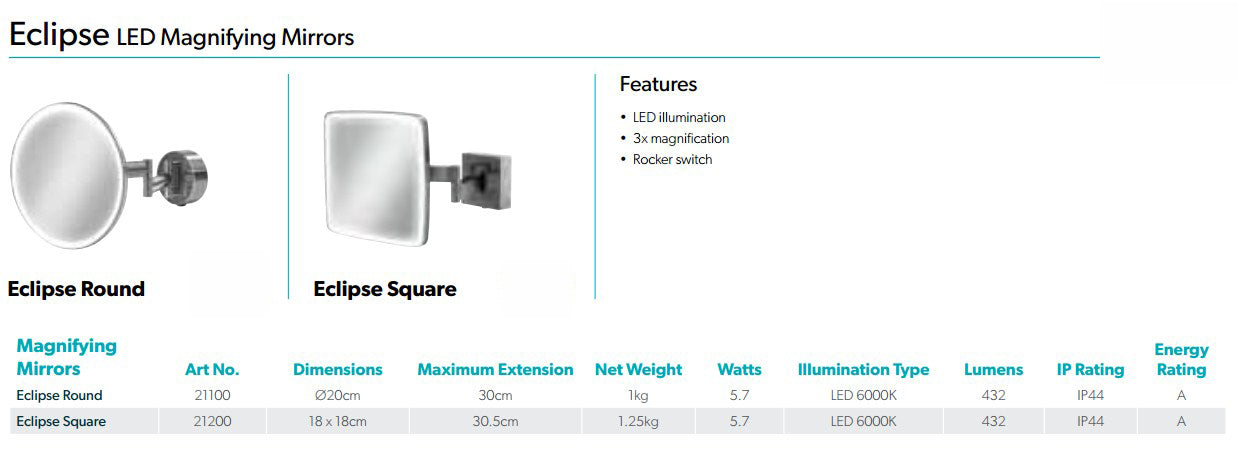 HiB Eclipse Square Magnifying Bathroom Mirror - Chrome