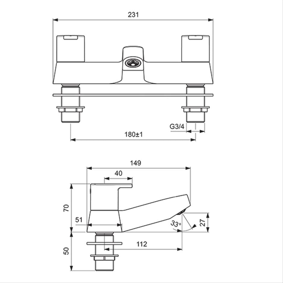 Ideal Standard Calista two taphole deck mounted dual control bath filler