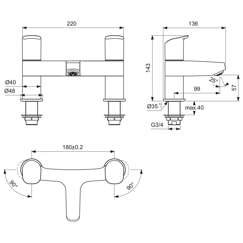 Ideal Standard Ceraflex two hole deck mounted dual control bath filler