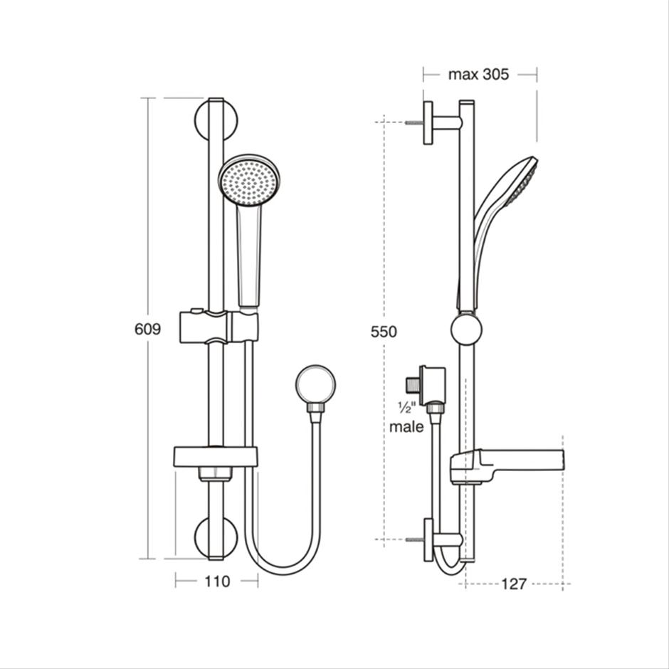 Ideal Standard Idealrain S1 shower kit with 80mm single function handspray, 600mm rail and 1.35m hose
