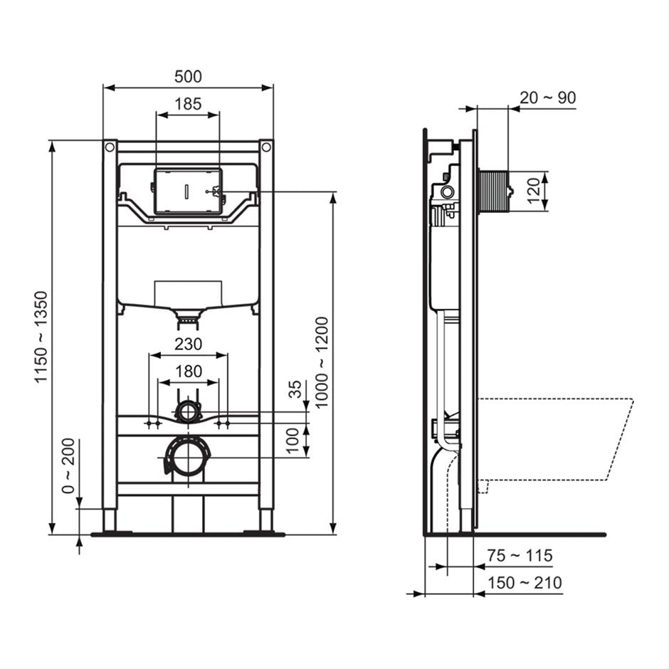 Ideal Standard Prosys H1150 x D120mm front actuation CL2 wall hung WC frame with Cistern
