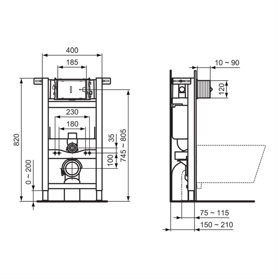 Ideal Standard Prosys H820 x D150mm front or top actuation CL2 wall hung WC frame with Cistern