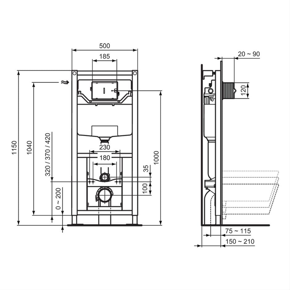Ideal Standard Prosys H1150 x D120mm 3 adjustable heights pneumatic wall hung WC frame with Cistern