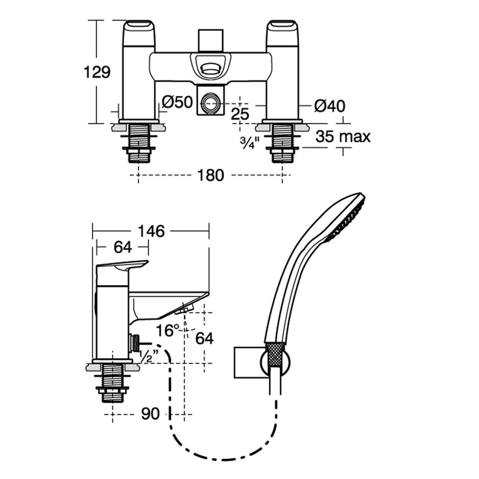 Ideal Standard Tesi two hole dual control bath shower mixer with shower set