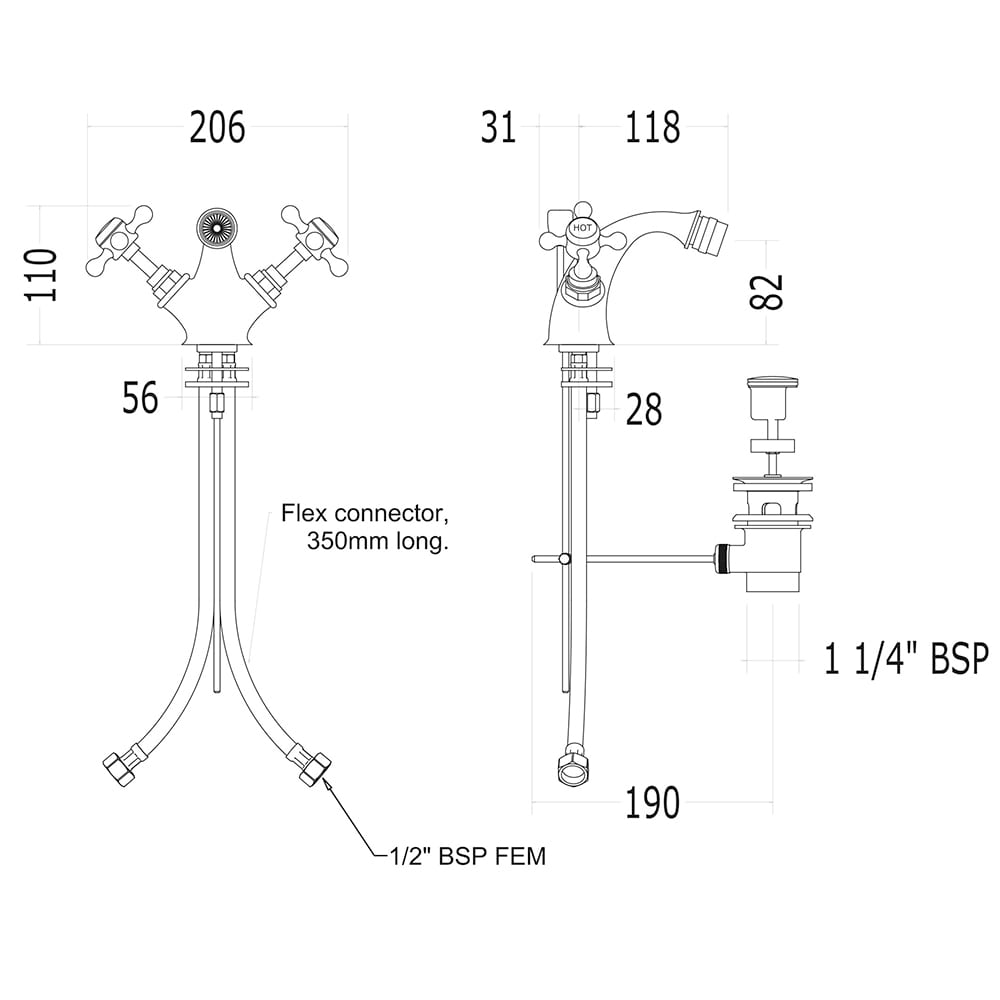 Imperial Victorian 1/2" monobloc bidet mixer complete with pop up waste