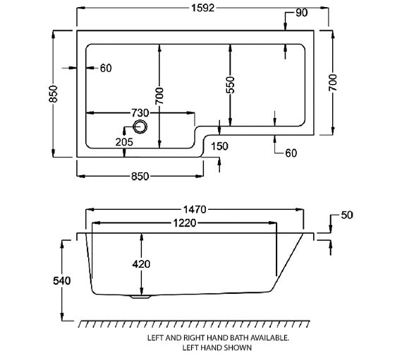 Carron Quantum L-Shaped 1600 x 700-850 Shower Bath