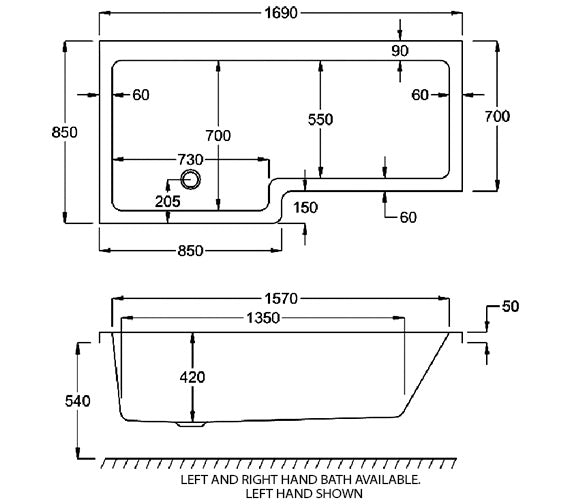 Carron Quantum L-Shaped 1700 x 700-850 Shower Bath