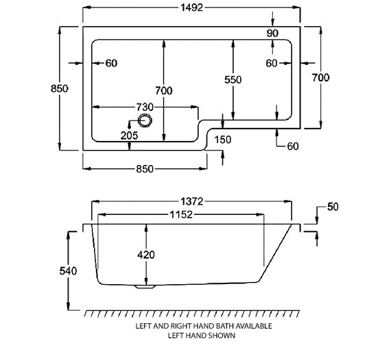 Carron Quantum L-Shaped 1500 x 700-850 Shower Bath