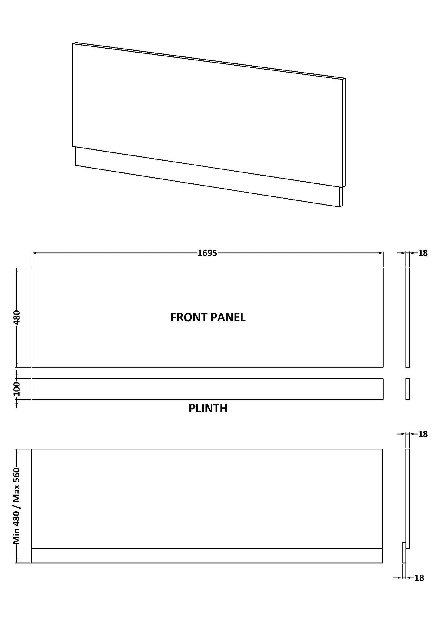 Nuie Waterproof Shower Bath Front Panel - Gloss White