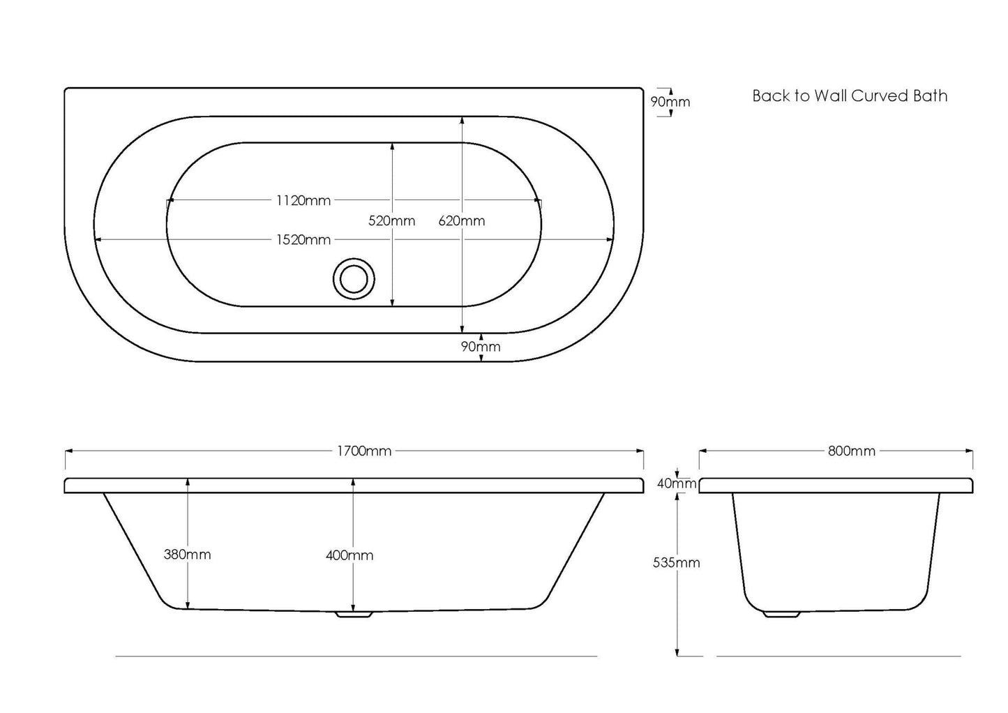 Trojan Curve D-Shaped 1700 x 800mm Bath