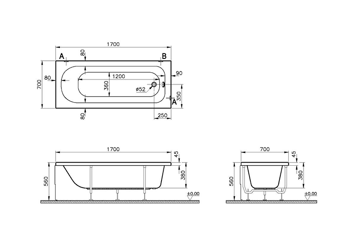 Vitra Optima Single Ended Rectangular 1700x700mm Bath