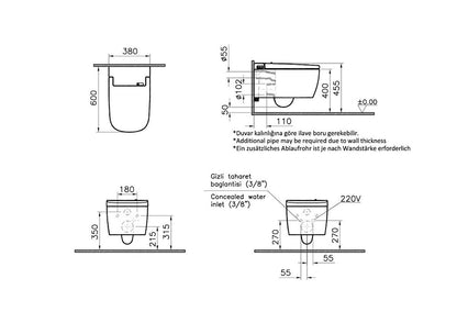 Vitra V-care 380mm wall hung Shower Toilet