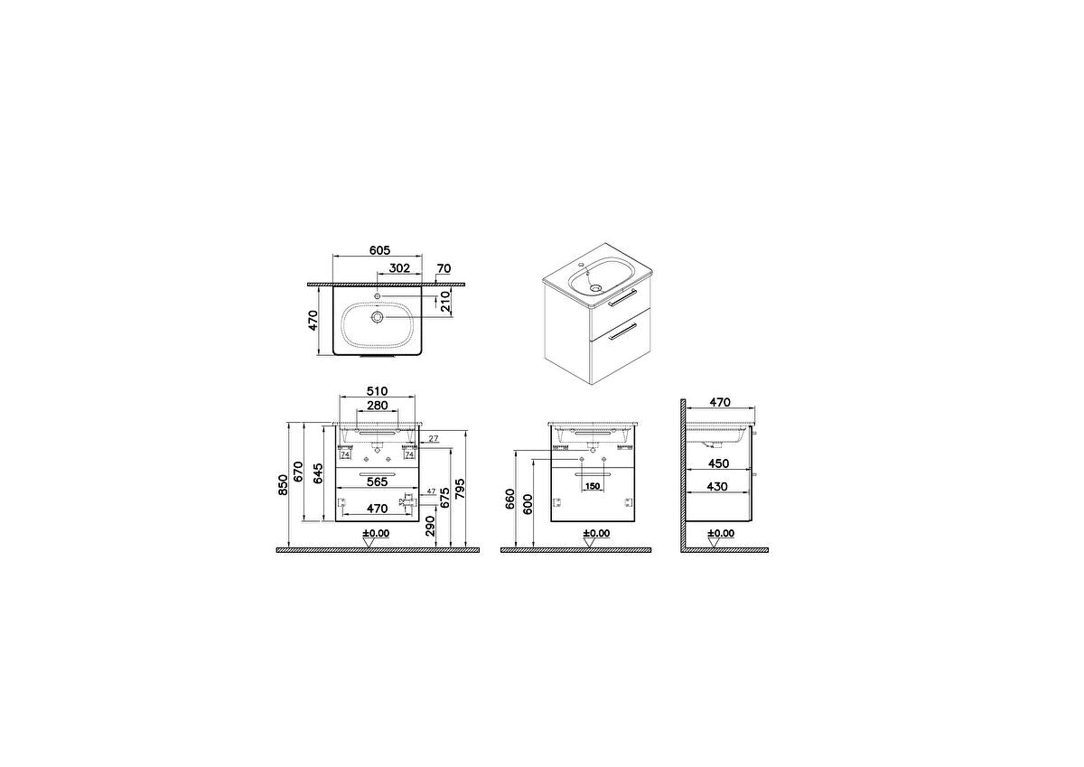 Vitra Zentrum Wall Hung Washbasin Unit With 2 Drawers