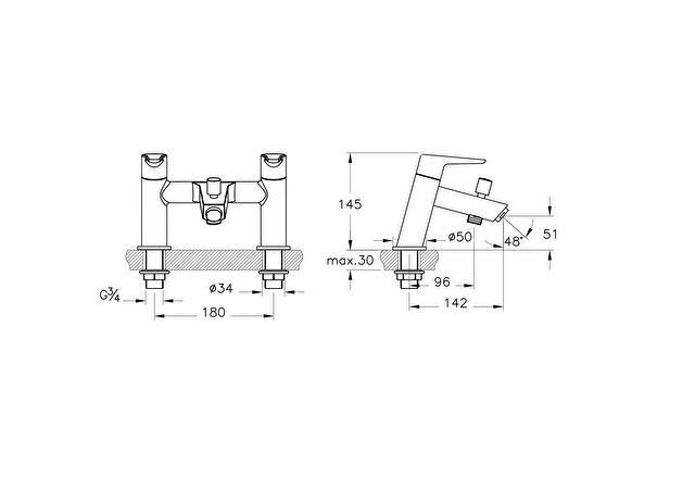 Vitra Solid S 2TH Bath Mixer, Deck-Mounted