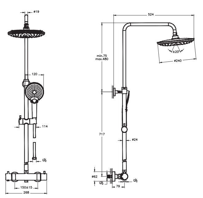 Vitra Aquaheat Bliss 240 thermostatic shower column with 2F overhead