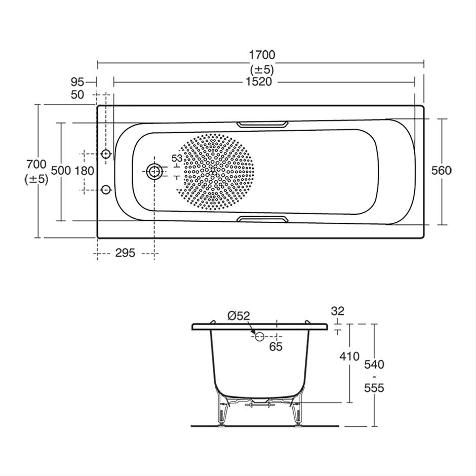 Armitage Shanks Nisa Heavy Gauge Steel Bath 2TH 170 x 70cm CP Grip