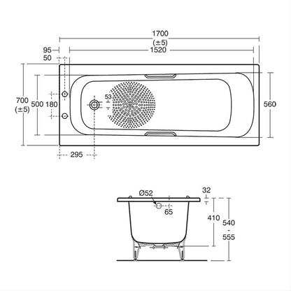 Armitage Shanks Nisa Heavy Gauge Steel Bath 2TH 170 x 70cm CP Grip