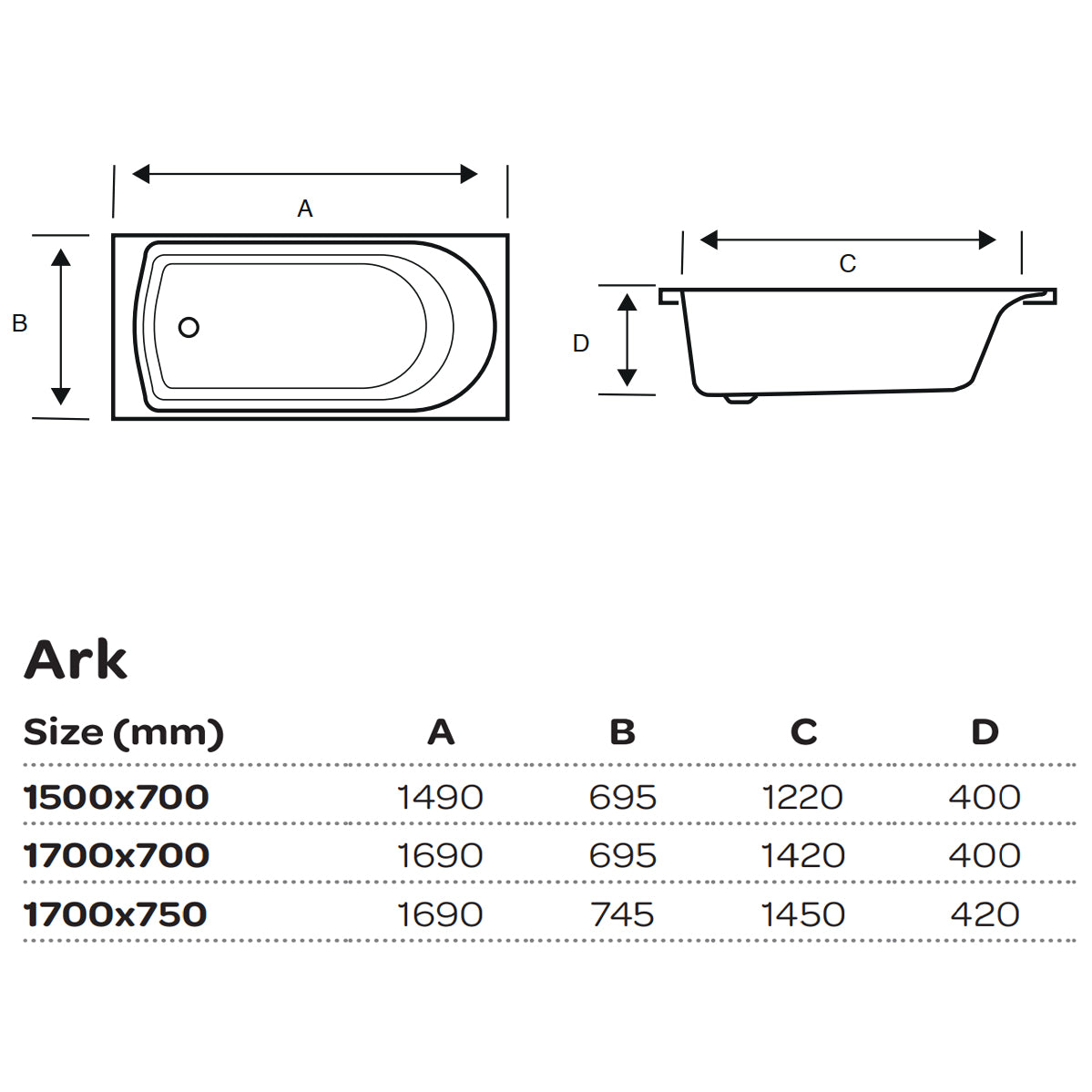 Kartell Ark Single Ended 1700 x 700 Bath