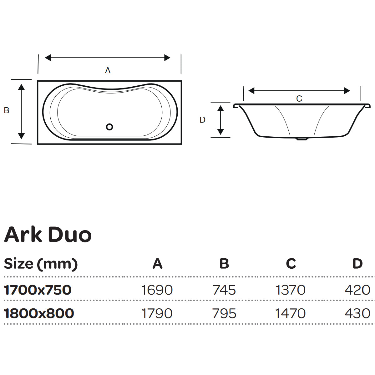 Kartell Ark Duo 1700 x 750mm Double Ended Bath