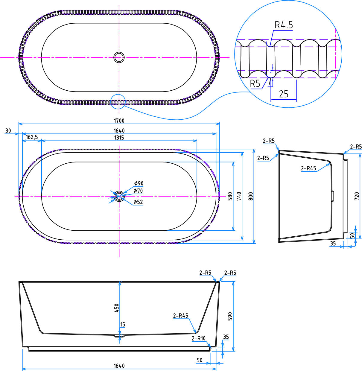 Scudo 1700 x 800 x 600mm Fluted Freestanding Bath - White