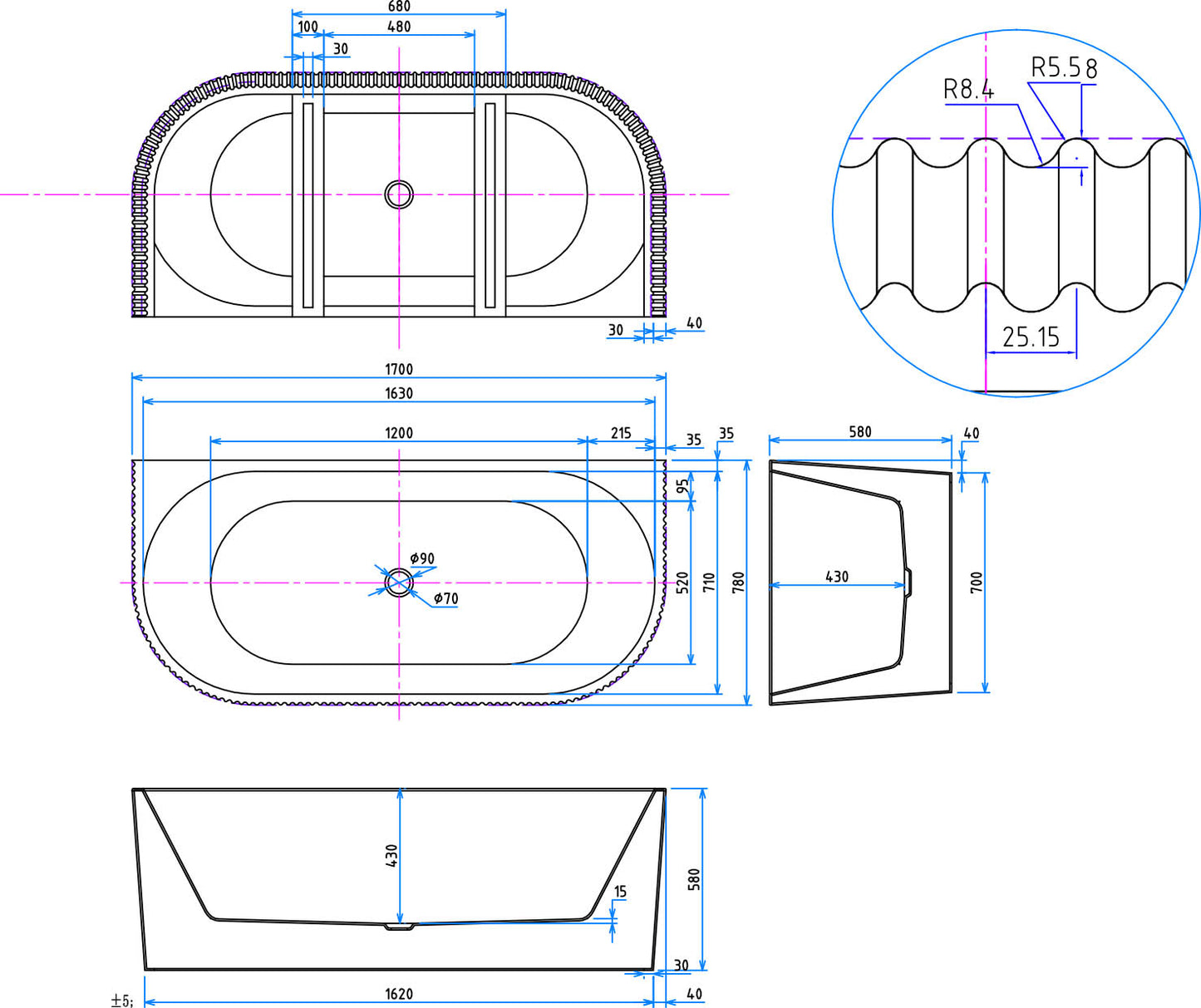 Scudo Labyrinth 1700 x 800 x 600mm Fluted Back To Wall Bath