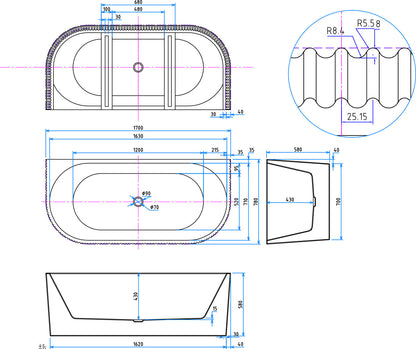 Scudo Labyrinth 1700 x 800 x 600mm Fluted Back To Wall Bath