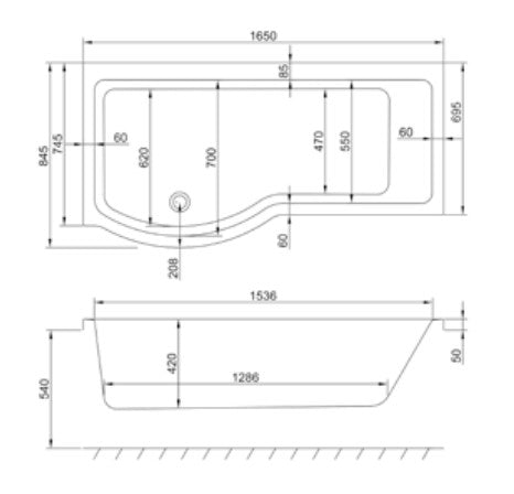 Carron Brio 1650 x 700-850 Shower Bath