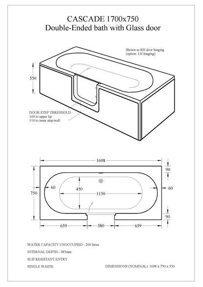 Trojan Cascade Anti-slip base Single/Double Ended Bath with Low threshold door