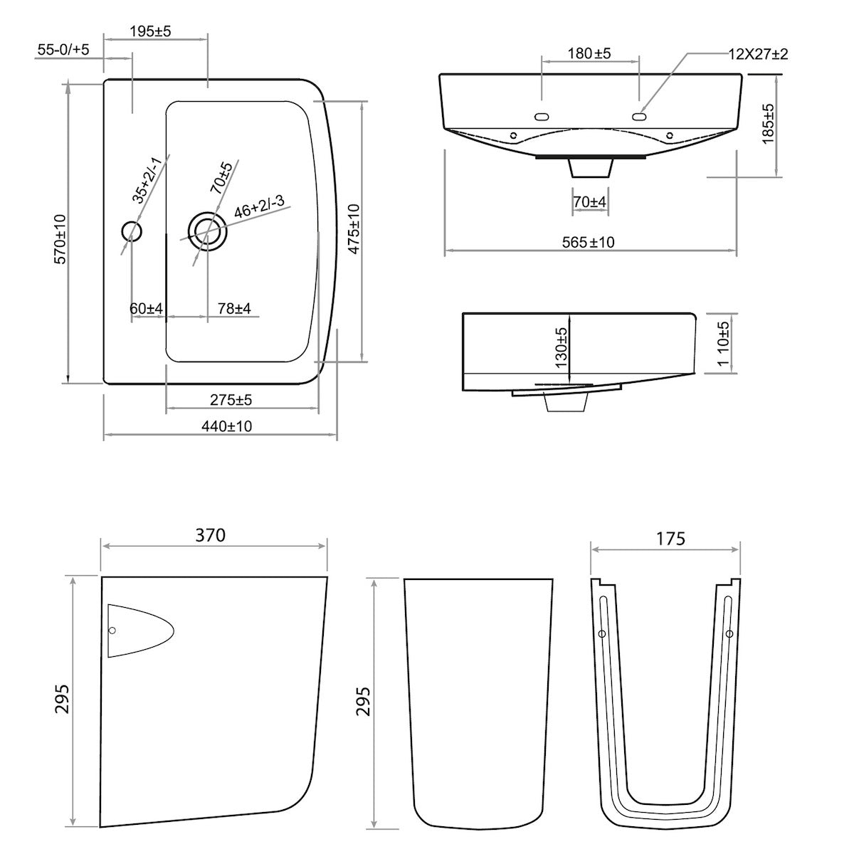 Scudo Denza 550mm x 450mm 1 Tap Hole Pedestal Basin - White