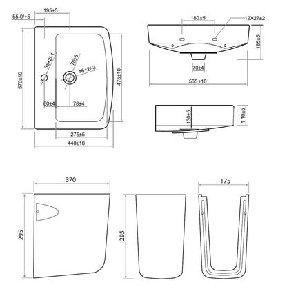 Scudo Denza 550mm x 450mm 1 Tap Hole Pedestal Basin - White