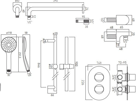 Vado DX Life  - 2 Outlet Thermostatic Oval Shower set With Atmosphere Kit