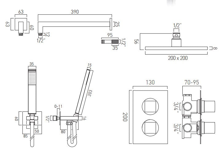 Vado DX Mix - 2 Outlet Square Thermostatic Shower Set