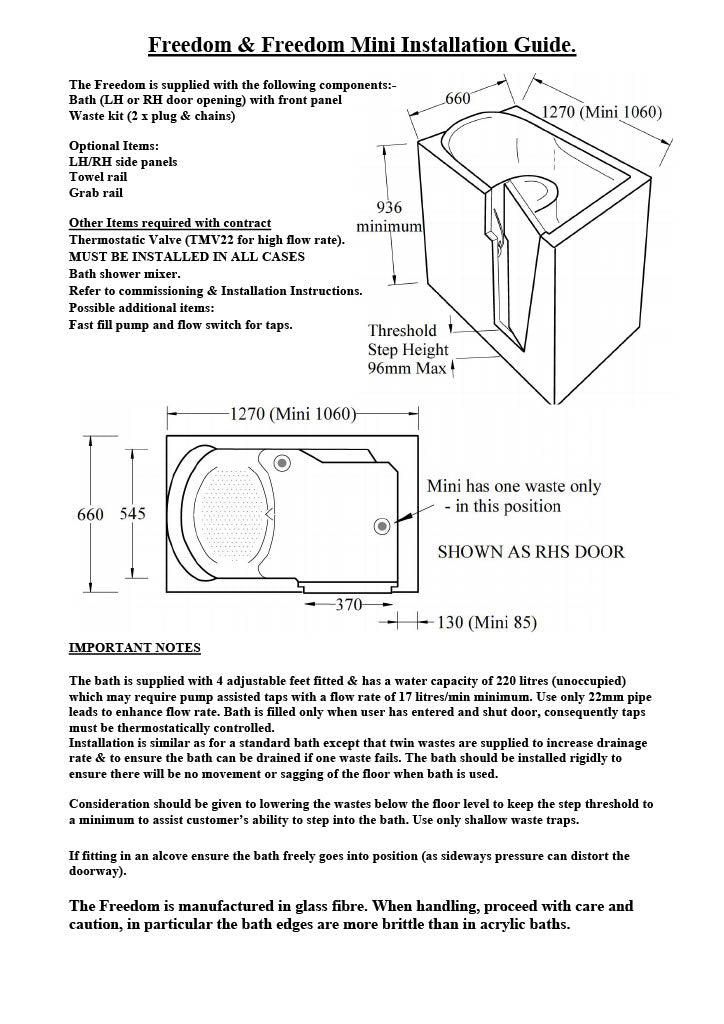 Trojan Freedom 1270 x 660mm deep soak Easy Access Baths