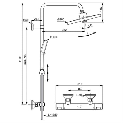 Ideal Standard Ceratherm T25+ Thermostatic Shower System with Showerhead and Handspray