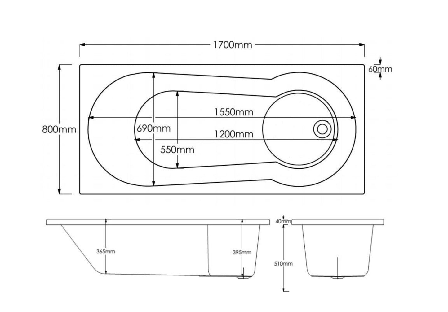 Trojan Keyhole Single Ended 1700 x 800mm Bath