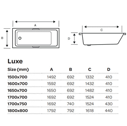 Kartell Luxe 1800 x 800 Single Ended Bath - Chrome Gripped