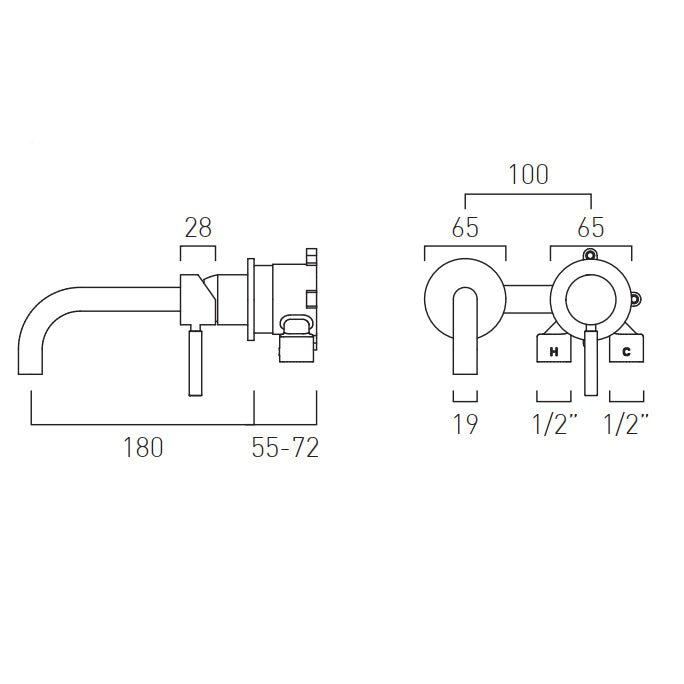 Vado Slimline wall mounted basin mixer tap with knurled accents