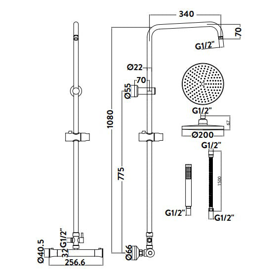 Scudo Round Thermostatic Bar Valve with Riser Rail - Chrome