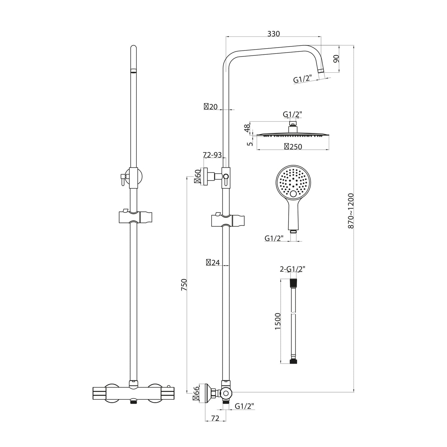 Scudo Messi Cool Touch Round Bar Valve; Adjustable Rigid Riser - Chrome