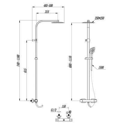 Scudo Helier Square Cool Touch Round Bar Valve; Adjustable Rigid Riser - Chrome