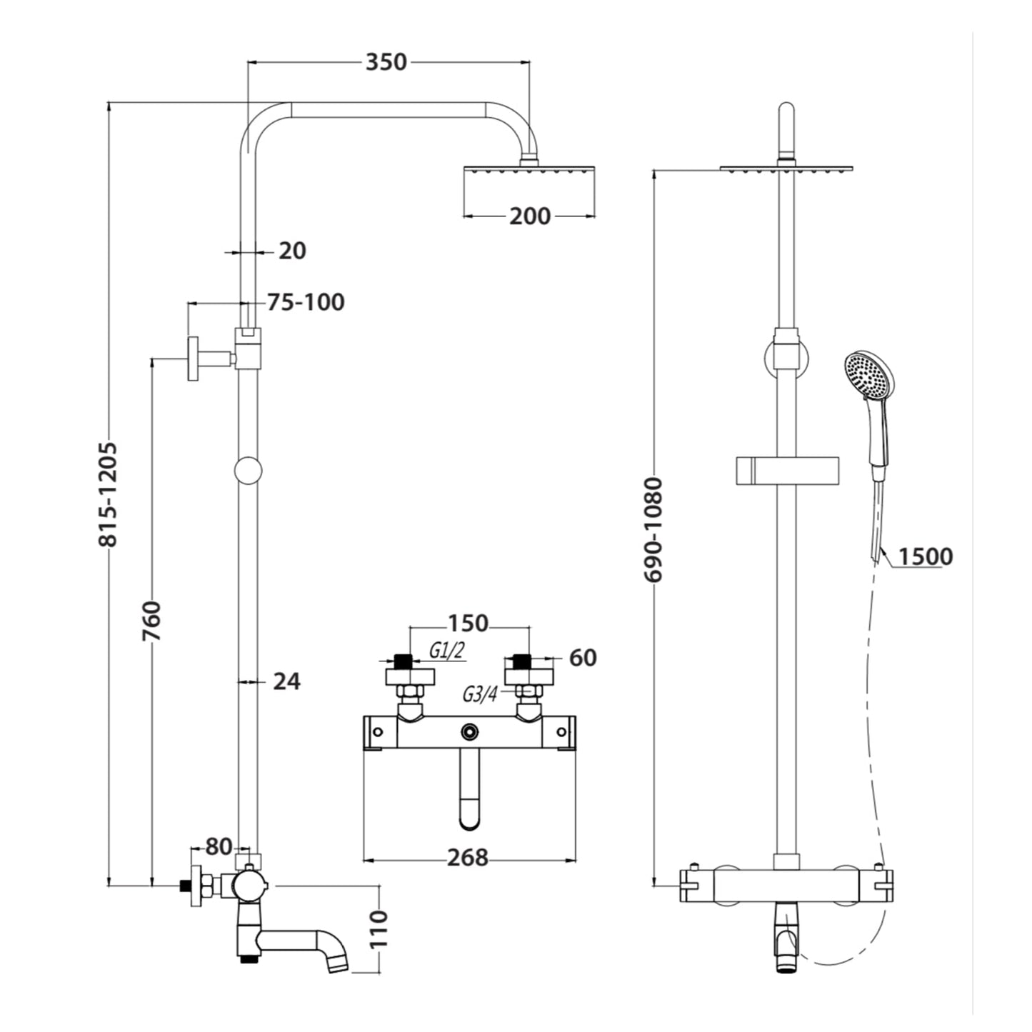 Scudo Solar Round Rigid Riser Shower with Bath Filler - Chrome