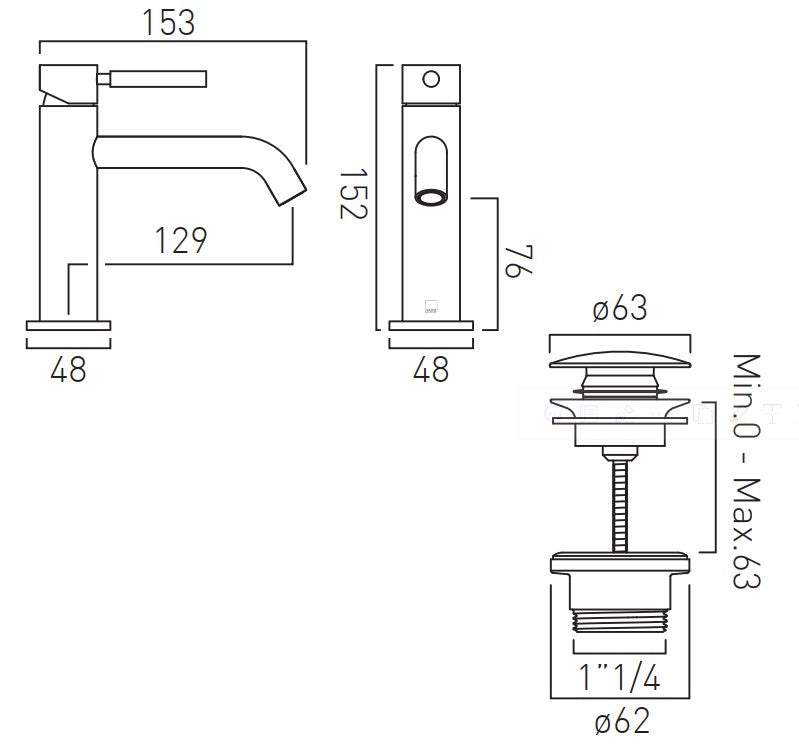 Origins Slimline Mono Basin Mixer with Knurled Handle and Universal Waste