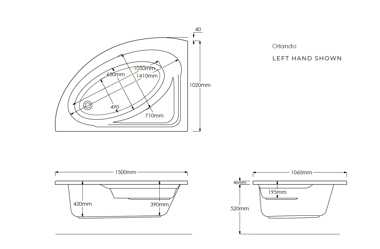 Trojan Orlando 1500 x 1040mm  Offset Corner Bath - No tap holes