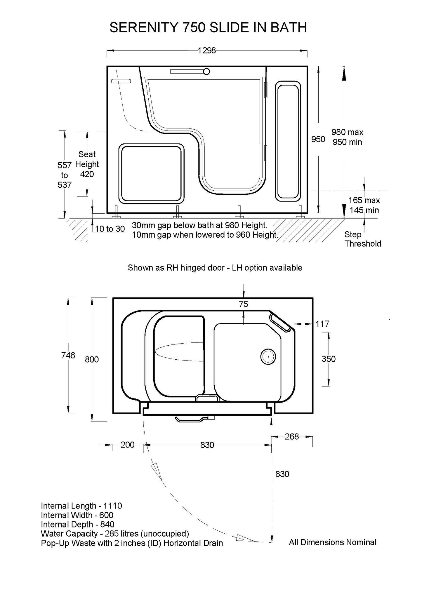 Trojan Serenity deep soak Easy Access Baths with 800mm Door