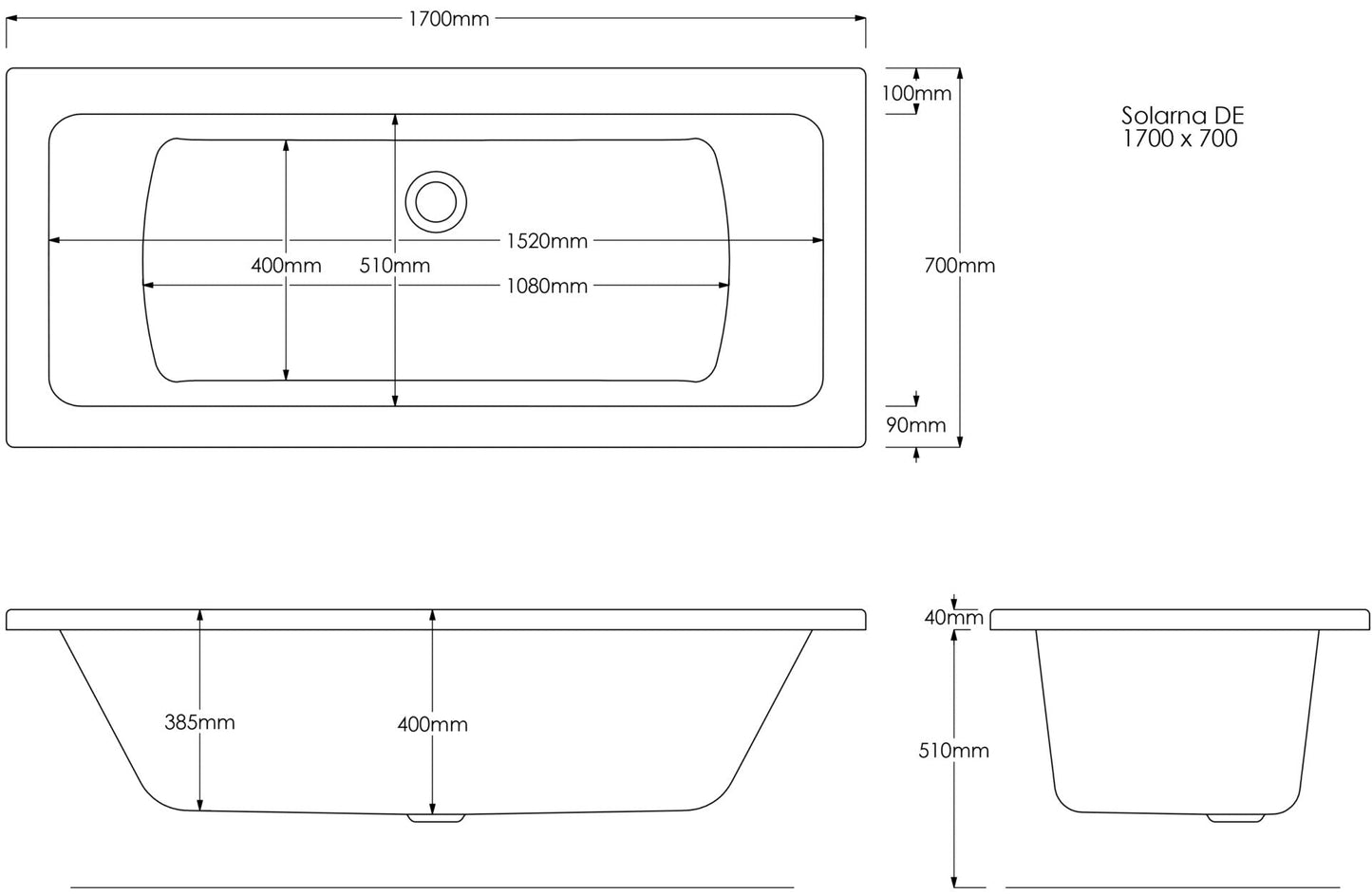 Trojan Solarna Double Ended 1700 x 750mm Bath