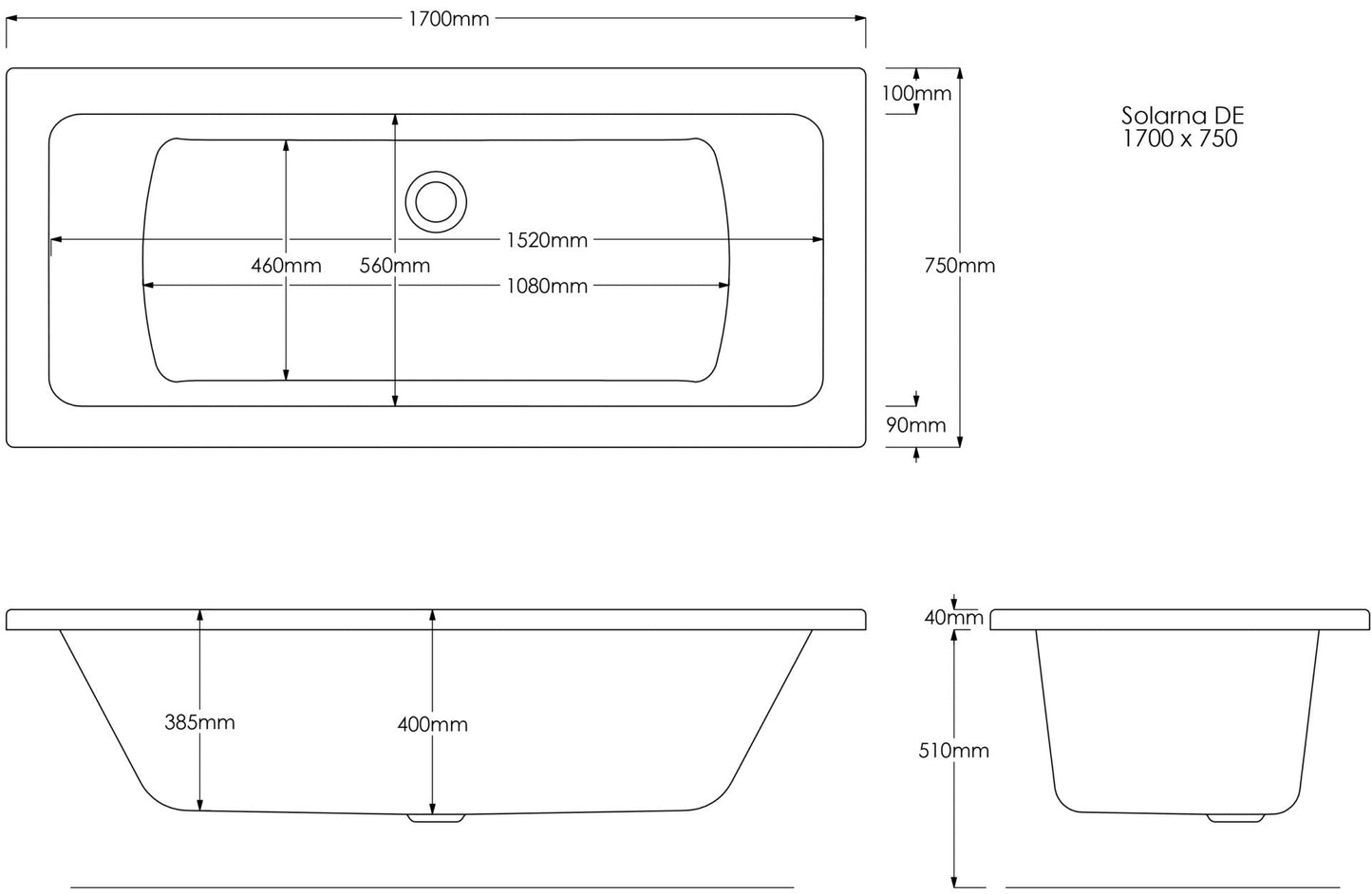 Trojan Solarna Double Ended 1700 x 750mm Bath