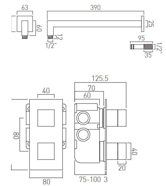 Vado Tablet Altitude Square- 2 outlet thermostatic shower Set with slide rail shower